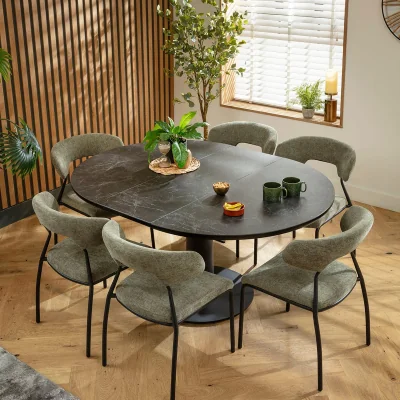 Quatropi Contemporary Round Extendable Dining Table and Chairs 6 Seater Set Green & Black Ceramic