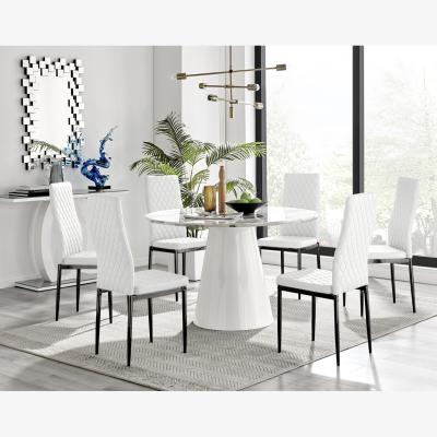 The Range Palma White Marble Effect Dining Table and 6 Milan Black Leg Chairs - White