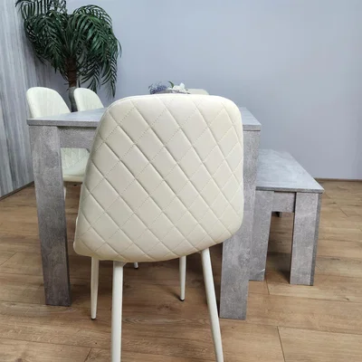 The Range Dining Table Set with 4 Cream Leather Chairs and 1 Bench - Grey Cream