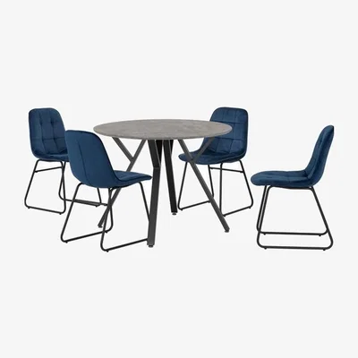 The Range Athens Round Dining Set with Lukas Chairs - concrete and sapphire blue chairs / Fabric Foam MDF Plastic Plywood Wood