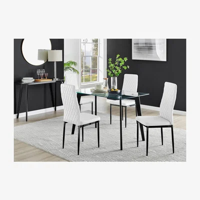 The Range Malmo Glass and Black Leg Dining Table and 4 Milan Black Leg Chairs - White