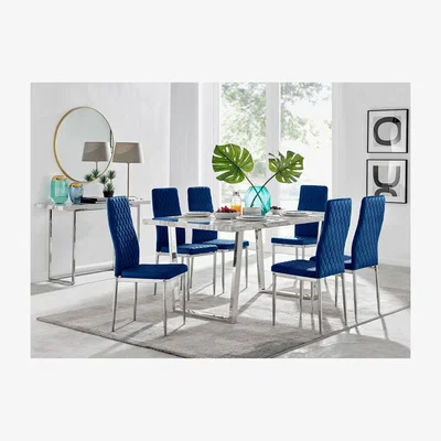 The Range Kylo White Marble Effect Dining Table and 6 Velvet Milan Chairs - Navy