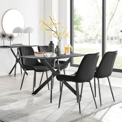 The Range Leonardo Grey Glass Marble Effect Black Leg Table And 4 Pesaro Black Leg Chairs - Black