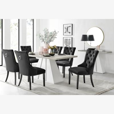 The Range Athens Beige Stone Dining Table and 6 Belgravia Black Leg Chairs - Black