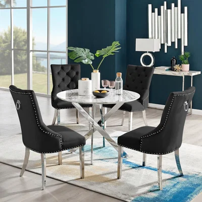 The Range Novara White Marble Round Dining Table And 4 Belgravia Chairs - Black
