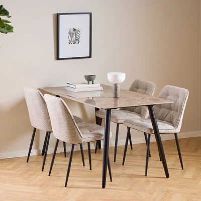 The Range Wicklow Ceramic Dining Table Brown/Black 140-80cm includes 4 Brooke Dining Chairs in Monza Beige - Brown & Black