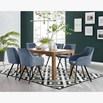The Range Anders Honey Solid Wood Dining Table  6 Falun Black Leg Chairs - Blue
