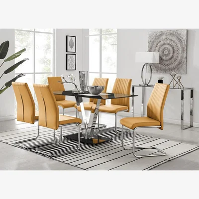 The Range Florini Black Glass And Chrome Metal Dining Table and 6 Lorenzo Chairs - Mustard