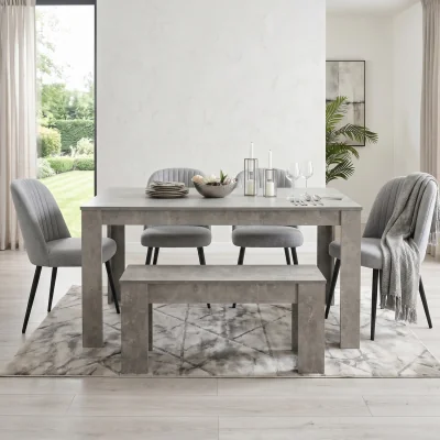 The Range Kosy Koala 6 Seater Stone Grey Effect Dining Table Set with 4 Grey Fabric Chairs & Bench - Stone Grey