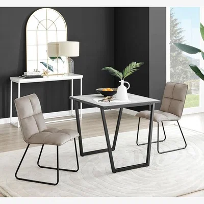The Range Carson White Marble Effect Square Dining Table and 2 Menen Chairs - Taupe