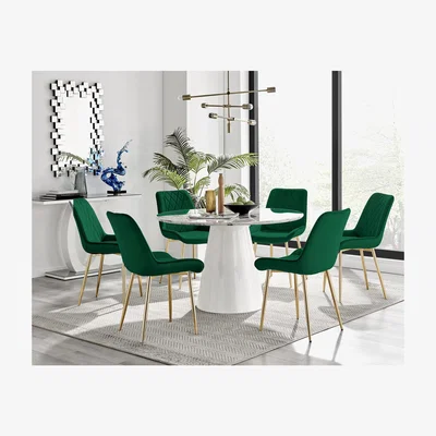 The Range Palma White Marble Effect Round Dining Table  Pesaro Gold Leg Chairs - Green / Dining Table & 6 Chairs