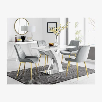 The Range Atlanta 4 White Dining Table and 4 Pesaro Gold Leg Chairs - Grey
