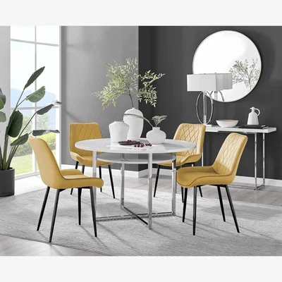 The Range Adley White High Gloss Storage Dining Table and 4 Pesaro Black Leg Chairs - Mustard