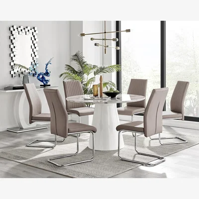 The Range Palma White Marble Effect Dining Table and 6 Lorenzo Chairs - Cappuccino