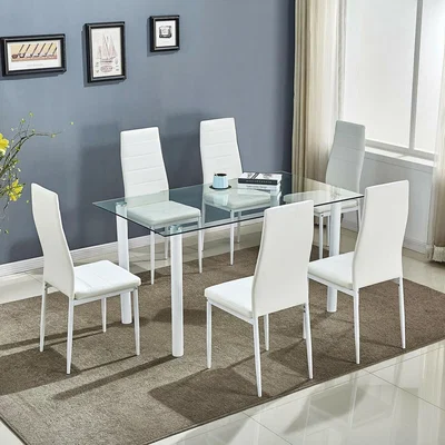 The Range White Glass Dining Table Set With 6 Leather Chairs