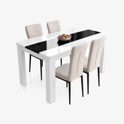 The Range White and Black Dining Table and 4 Cream High Back Diamond Stitch Velvet Chairs with Metal Legs - Cream