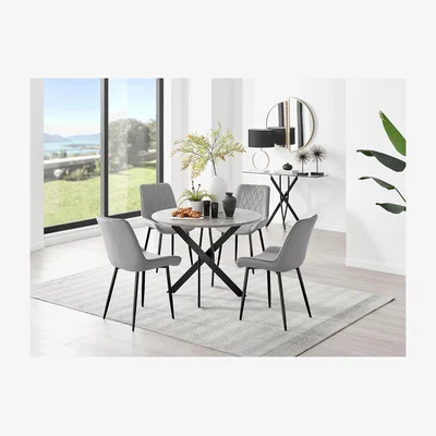 The Range Novara Grey Concrete Black Leg Dining Table  4 Pesaro Black Leg Chairs - Grey