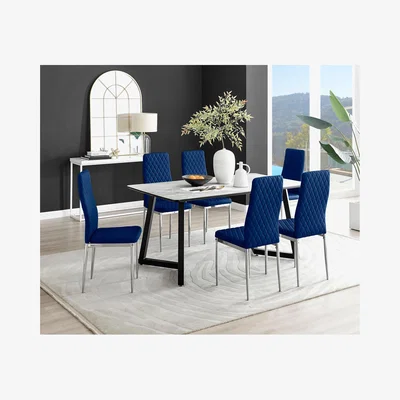 The Range Carson White Marble Effect Dining Table and 6 Velvet Milan Chairs - Navy