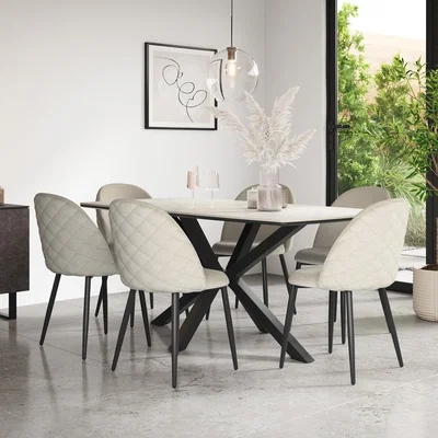 The Range Juno White Marble Ceramic Dining Table With 6 Raye Velvet Chairs - Beige