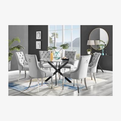The Range Novara Black Leg 120cm Round Glass Dining Table  6 Grey Belgravia Chairs - Grey