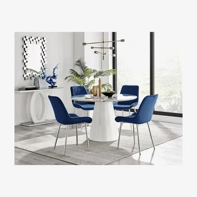 The Range Palma White Marble Effect Round Dining Table  Pesaro Silver Leg Chairs - Blue / Dining Table & 4 Chairs