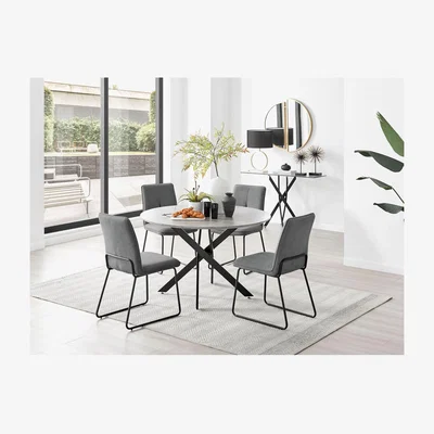 The Range Novara Grey Concrete Black Leg 120cm Dining Table  4 Halle Chairs - Dark Grey