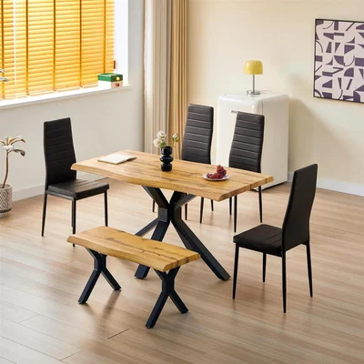 The Range Kosy Koala 6 Piece Dining Set with Metal Chairs and Bench - Black / 140cm