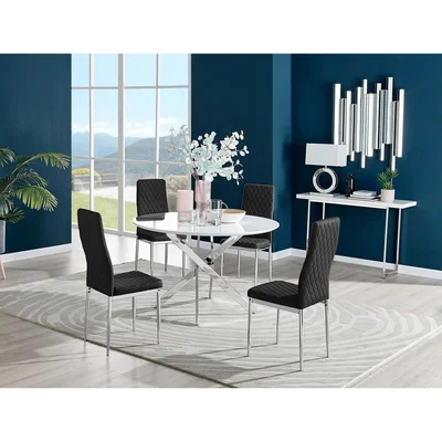 The Range Novara White High Gloss 120cm Round Dining Table and 4 Velvet Milan Chairs - Black