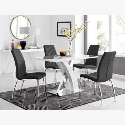 The Range Atlanta White Gloss And Chrome Rectangle Dining Table And 4 Isco Dining Chairs - Black