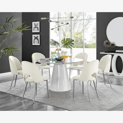 The Range Palma White Marble Effect Dining Table and 6 Arlon Silver Leg Chairs - White