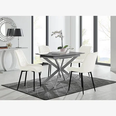 The Range Lira 100cm Grey Metal Extending Dining Table  4 Pesaro Black Leg Chairs - Cream