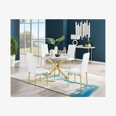 The Range Novara White Marble Gold Leg Dining Table  4 Milan Gold Leg Chairs - White