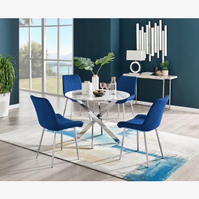 The Range Novara White Marble Effect Dining Table and 4 Pesaro Silver Chairs - Navy
