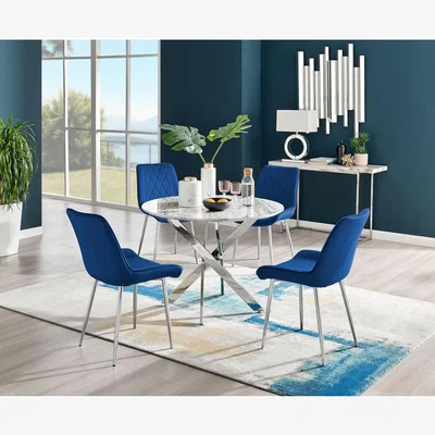 The Range Novara White Marble Effect Dining Table and 4 Pesaro Silver Chairs - Navy
