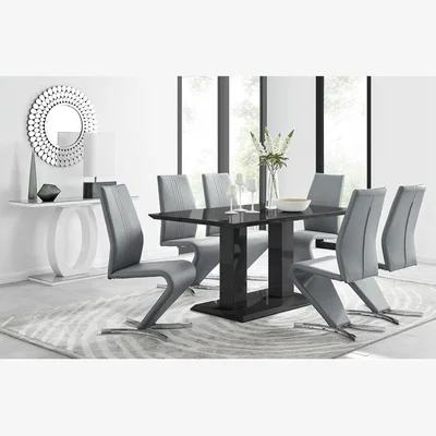 The Range Imperia Black High Gloss Dining Table and 6 Luxury Willow Dining Chairs Set - Grey