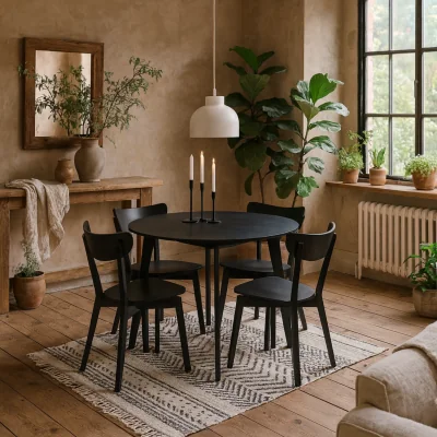 The Range Krakow Round Dining Set Matt Table with Veneer Top and 4 Chairs - Black