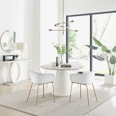 The Range Palma Beige Stone Effect Round Dining Table and 4 Harper Gold Leg Chairs - White