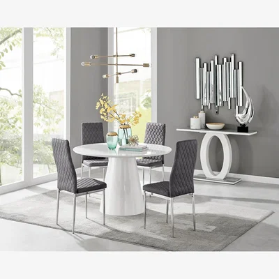 The Range Palma White High Gloss Round Dining Table and 4 Velvet Milan Chairs - Grey