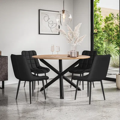 The Range Malvern Round Oak Effect Dining Table Set w 4-6 Nova Faux Leather Chairs - Black / 4