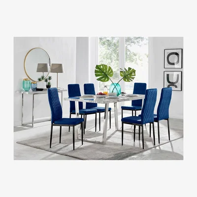 The Range Kylo White Marble Effect Dining Table and 6 Velvet Milan Black Leg Chairs - Navy
