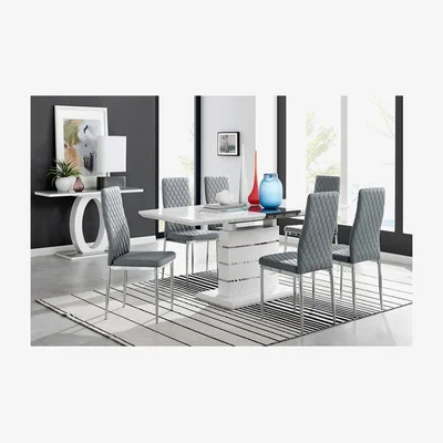The Range Renato High Gloss Extending Kitchen Dining Table and 8 Milan Chairs - Grey