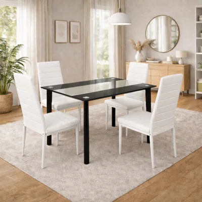 The Range Black Clear Glass 4 Faux Leather padded White Chairs Dining Room Furniture - Black