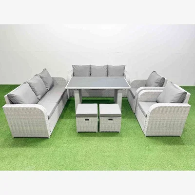 The Range Fimous 10-Seater PE Rattan Dining Set with Recliners, Glass Table Light Grey - Light Grey