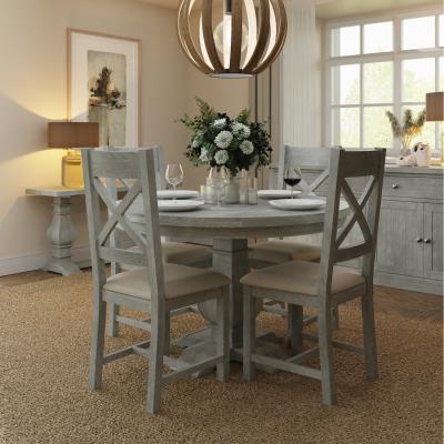 The Range 1.2M Solid Reclaimed Pine Round Dining Table 4 Matching Dining Chairs - Limewashed