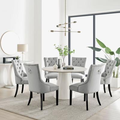 The Range Palma Beige Stone Effect Round Dining Table and 6 Belgravia Black Leg Chairs - Grey