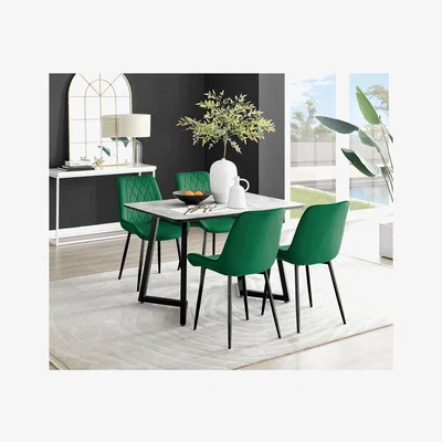The Range Carson White Marble Effect Dining Table and 4 Pesaro Black Leg Chairs - Green