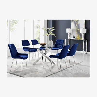 The Range Leonardo 6 Dining Table and 6 Pesaro Silver Leg Chairs - Blue