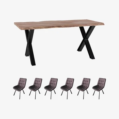The Range Live Edge Wood And Metal Large Dining Table And 6 Chairs Set - Light Wood