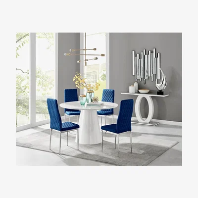 The Range Palma White High Gloss Round Dining Table and 4 Velvet Milan Chairs - Navy