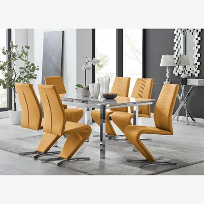 The Range Enna White Glass Extending Dining Table and 6 Willow Chairs - Mustard